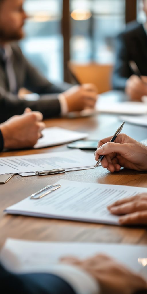 People around a meeting table with papers and pens, one writing on a document