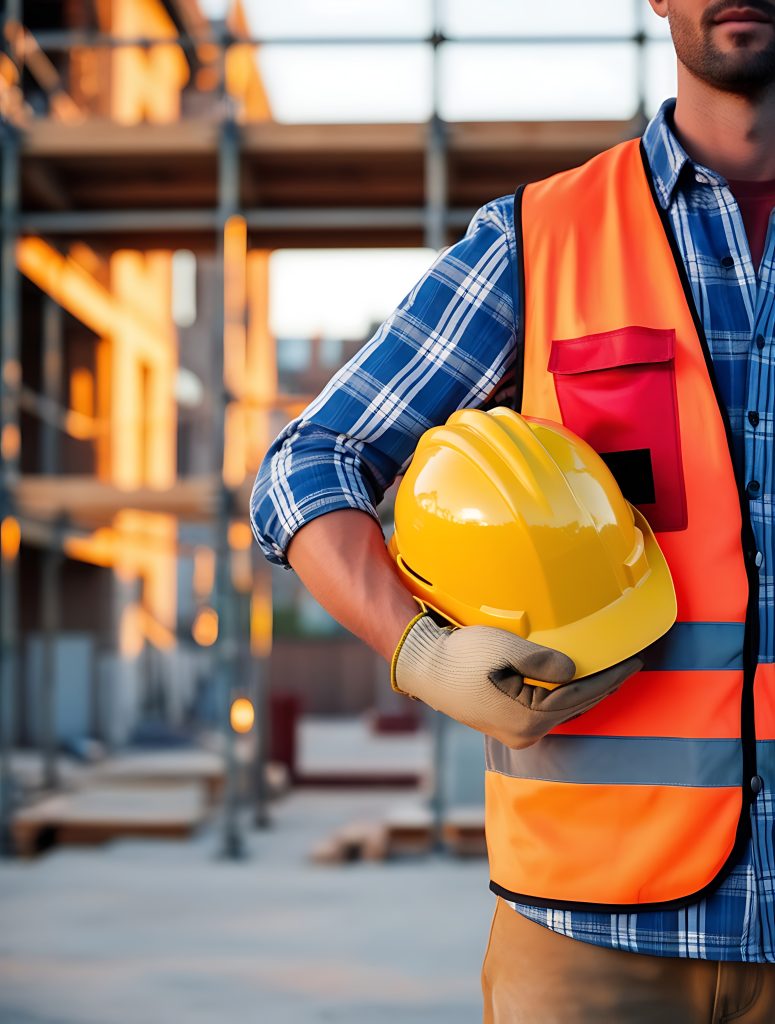 Worker in a hi-vis vest holding a yellow hard hat at a construction site
